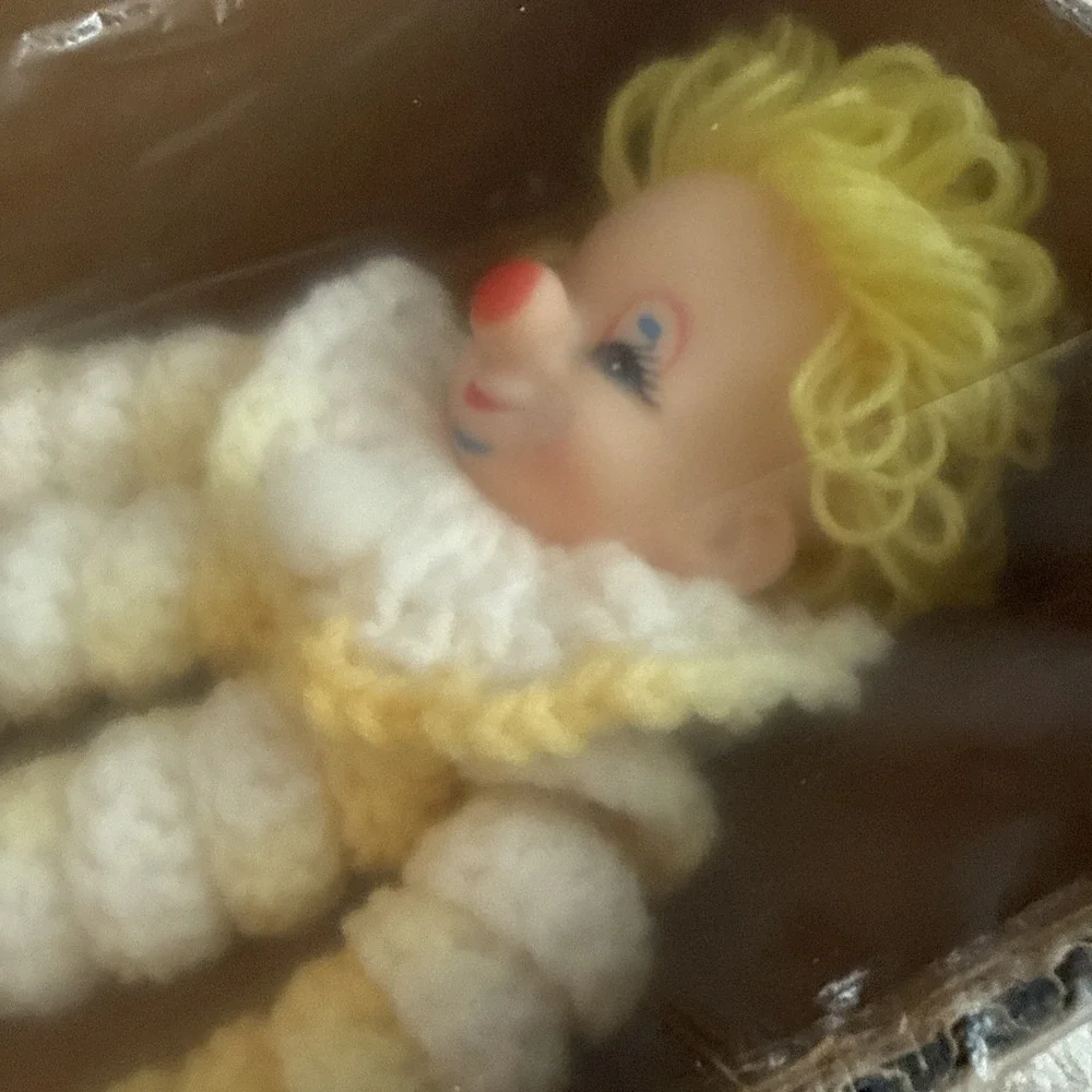 Vintage Handmade Spiral Crochet YOYO Clown Doll with Plastic Head Yellow New